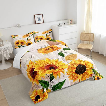 Girls Sunflowers Comforter Set Twin Size Retro Yellow Sunflower Bedding Set for Kids Teens Women Botanical Flowers Duvet Insert Vintage Floral Letters Down Comforter Kids Bedding Set, 2 Pieces