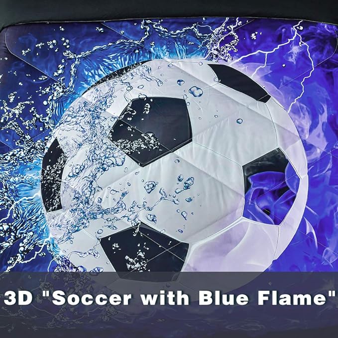 Andency 3D Soccer Comforter Queen(90x90 Inch), 3 Pieces(1 Soccer Comforter, 2 Pillowcases) Blue Flame Soccer Comforter Sport Microfiber Bedding Set for Boy Girl Kids Teens