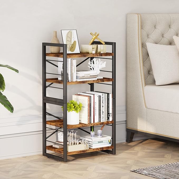 Bookshelf, 4 Tier Stackable Bookcase, Adjustable Industrial Book Shelf Storage Organizer for Desktop, Living Room, Bedroom, Office(Rustic Black and Brown)