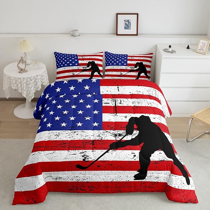 Erosebridal American Flag Comforter Set King, Hockey Bedding Set United States Sports Games Down Comforter for Kids Boys Teens Bedroom, Red White Geometric Stripes Duvet Sets with 2 Pillowcases