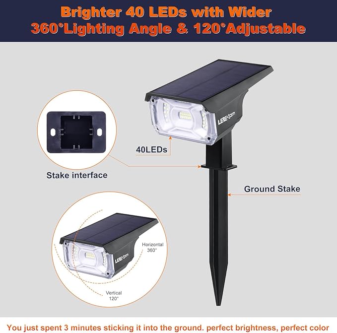 Solar Spot Lights, IP65 Waterproof 40 LEDs Landscape Spotlights,USB & Solar Powered Wall Lights Dark Sensing Auto On/Off,3 Modes Outdoor Solar Garden Lights for Yard Porch 2 Pack
