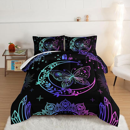 HOSIMA Butterfly Comforter Set 3Piece with 2 Pillowcases,Black Comforter Butterfly Aesthetics Room Decor,Boho Mandala Comforter Butterfly Bedding Set for Girls,Bohemian Queen Comforter Set.