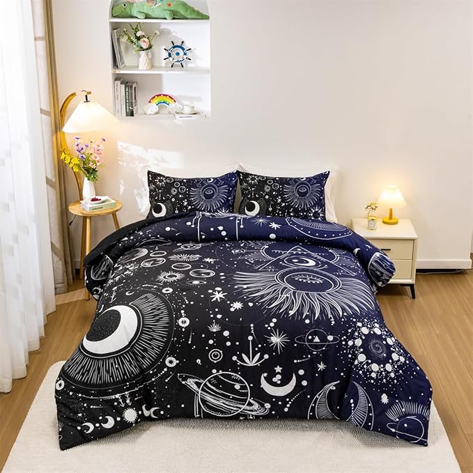 Holawakaka Stars Moon Constellation Print Comforter Set Queen Size Girls Boys Witchy Astrology Zodiac Celestial Bedding Set (Navy Blue, Queen)
