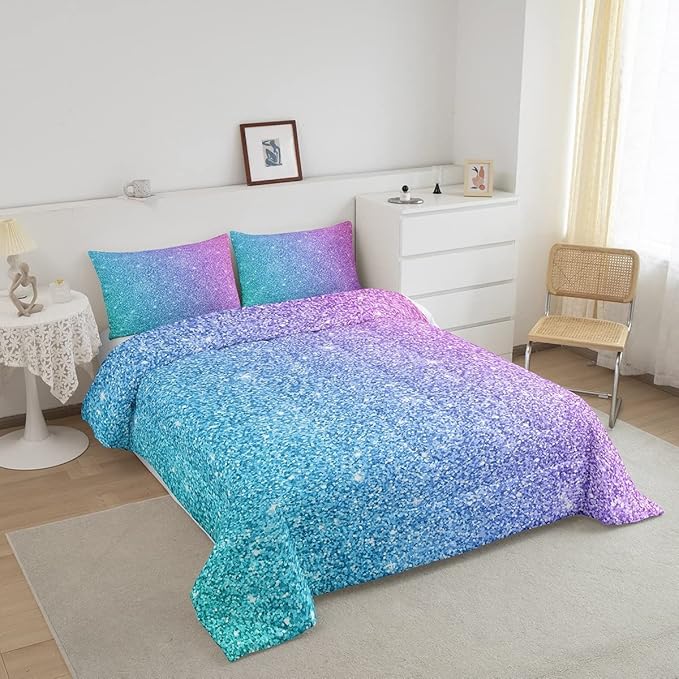 Colorful Glitter Bedding King Girly Turquoise Teal Blue Pink Pastel Girls Comforter Set 3 Pcs Trendy Quilt Duvet for Kid Women Down Comforter with Sparkle Sequin Pattern Bling Bedroom Decor Bed Cover