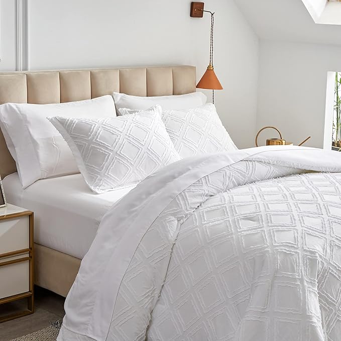 6 Pieces Tufted Bed in a Bag Twin Comforter Set with Sheets White, Soft and Embroidery Shabby Chic Boho Bohemian Design, Luxury Solid Color with Diamond Pattern, Jacquard Tufts Bedding Set for Kids