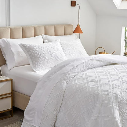6 Pieces Tufted Bed in a Bag Twin Comforter Set with Sheets White, Soft and Embroidery Shabby Chic Boho Bohemian Design, Luxury Solid Color with Diamond Pattern, Jacquard Tufts Bedding Set for Kids