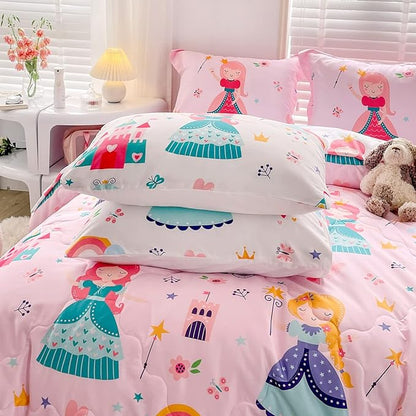 Wajade Kids Pink Princess Comforter Set Bed in a Bag Twin Size 7 Piece Princess Fairy Tales Castle Bedding Set for Girls (1 Comforter, 1 Flat Sheet, 1 Fitted Sheet, 2 Pillowcase and 2 Pillow Sham)