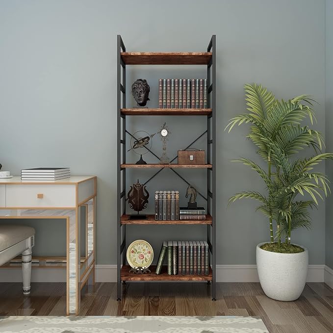 5 Tier Tall BookShelf,Bookcase with Steel Frame,Home Office Modern Bookcase Shelf for Bedroom/Living Room/Home Office - Rustic Brown Storage Rack for Books,Garage Kit, CDs and Movies