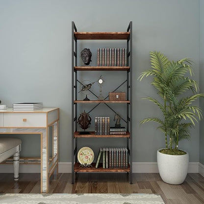 5 Tier Tall BookShelf,Bookcase with Steel Frame,Home Office Modern Bookcase Shelf for Bedroom/Living Room/Home Office - Rustic Brown Storage Rack for Books,Garage Kit, CDs and Movies