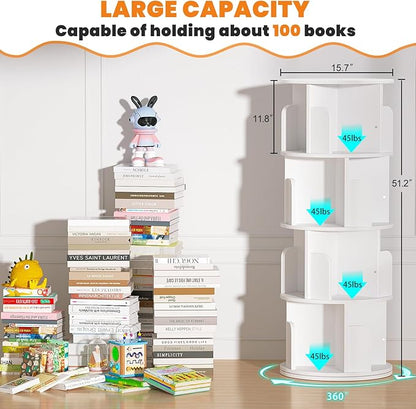 Rotating Bookshelf, Wood Corner Bookshelf, 360 Display Spinning Bookcase Storage Rack, 4 Tier Floor Standing Revolving Bookcase Narrow Book Shelf Organizer for Small Space, Bedroom, White