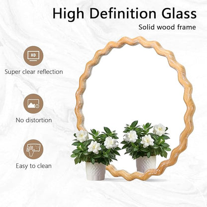 Wavy Mirror 27.5x27.5 Inch, Decorative Bathroom Mirror with Natural Wood Frame, Entry Way Mirrors for Wall, Shatterproof Glass, Mirrors for Wall Decor