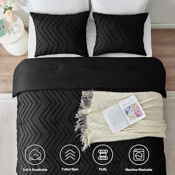 CozyLux Full Size Comforter Set Black - 3 Pieces Black Boho Tufted Shabby Chic Bedding Comforter Set for All Seasons, Chevron Bedding Sets with Comforter & 2 Pillow Shams