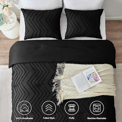 CozyLux Full Size Comforter Set Black - 3 Pieces Black Boho Tufted Shabby Chic Bedding Comforter Set for All Seasons, Chevron Bedding Sets with Comforter & 2 Pillow Shams