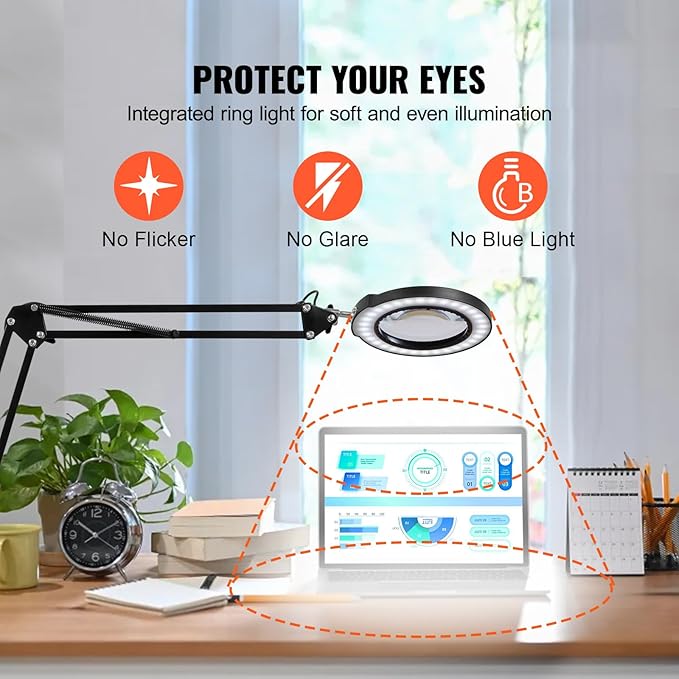 VEVOR Magnifying Glass with Light, 5X Magnifying Lamp, 4.3" Glass Lens, Desk Magnifier with Light, 64 LED Lights 5 Color Modes, with Clamp for Close Work, Reading, Repair Crafts