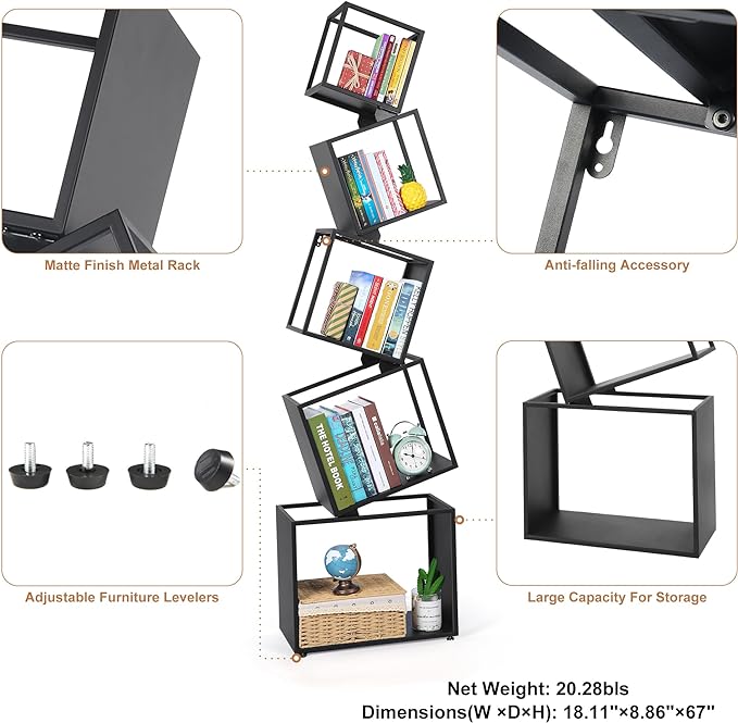 Bookshelf 2024 NEW, 5-Tier Bookshelves, 67" Tall Black Bookshelf, Book Shelf, Bookcase, Modern Bookshelf, Storage Shelf for CDs/Books/Collections, Display Shelf for Livingroom, Bedroom, Office
