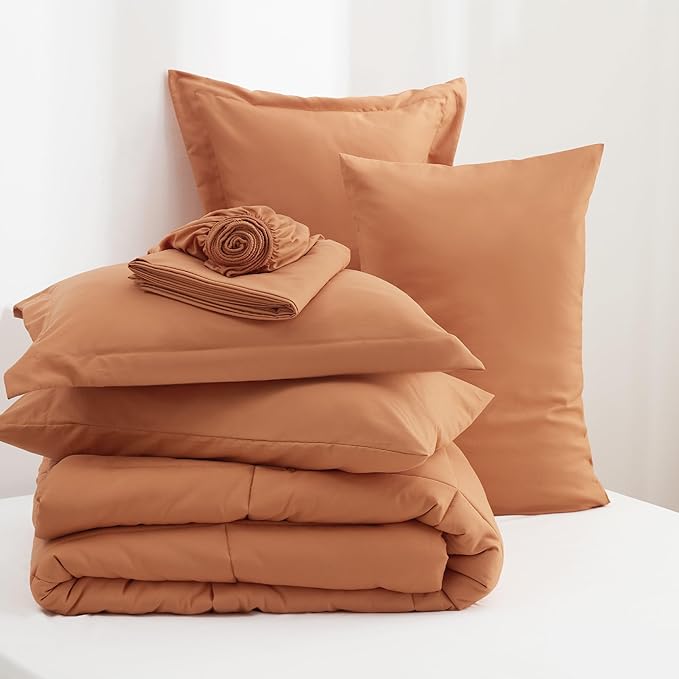 Bedsure Burnt Orange Twin XL Comforter Set - 5 Pieces Solid Twin XL Bed in a Bag for College, Twin XL Bed Set Burnt Orange with Comforters, Sheets, Pillowcase & Sham, Extra Long Twin Comforter Set