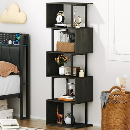 Furologee 6 Tier Bookshelf Tall Geometric Bookcase, S-Shaped Industrial Display Standing Shelf, Metal and Wood Decorative Storage Room Divider Shelves for Bedroom, Living Room, Office, Light Black Oak