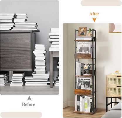 Bikoney Bookshelves 5-Tier, Rotating Bookshelf Tower for Corner, Small Bookcase, Tall Industrial Bookshelf, Narrow Bookshelf, Wood and Metal Black