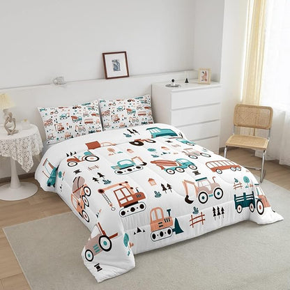 Boys Cartoon Car Comforter Set, Kids Construction Cars Trucks Comforter for Cartoon Botanical Truck Bedding Set Cute Cars Quilt with 2 Pillowcases 3Pcs Bedding Full Boys