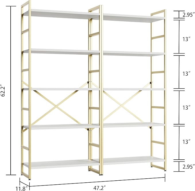 Shintenchi 2 Pieces 5 Tiers Bookshelf, Classically Tall Bookcase Shelf, Industrial Book Rack, Modern Book Holder in Bedroom/Living Room/Home/Office, Storage Rack Shelves for Books/Movies-Gold