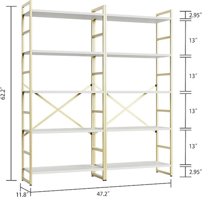 Shintenchi 2 Pieces 5 Tiers Bookshelf, Classically Tall Bookcase Shelf, Industrial Book Rack, Modern Book Holder in Bedroom/Living Room/Home/Office, Storage Rack Shelves for Books/Movies-Gold