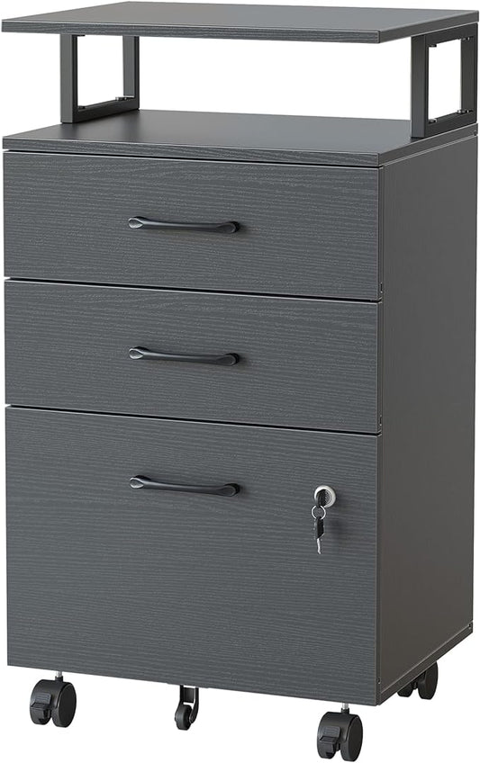 FEZIBO File Cabinet with Lock for Home Office, 3-Drawer Rolling Filing Cabinet, Home Office File Cabinet for A4/Letter/Legal Size, Printer Stand, Wooden Storage Cabinet, Black