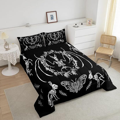 Feelyou Skull Comforter Set Bat Skeleton Comforter Boho Moth Gothic Skull Bedding Set for Kids Boys Girls Adults Halloween Themed Duvet Set Soft Horror Room Decor King Size Quilt Boys