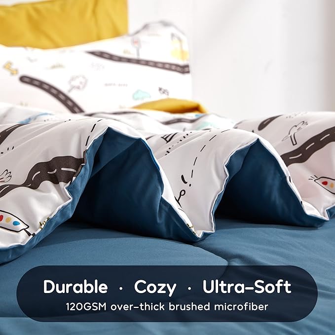 SLEEP ZONE Kids Bedding Twin Comforter Set - Cute Printed for Boys, Girls, Teens, Super Soft, Fade Resistant, Car Road, Twin