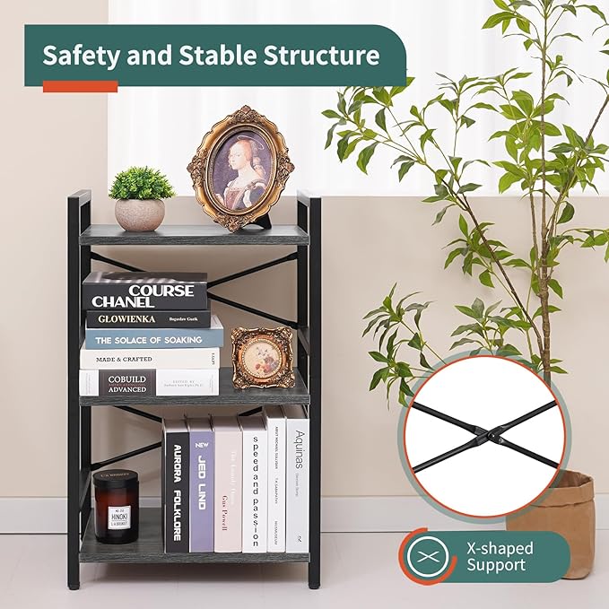 Yoobure Bookshelf Small Book Shelf, Solid Industrial 3 Tier Shelf Bookcase, Short Book Case for Bedroom, Living Room, Office Home, Small Spaces, Charcoal Gray