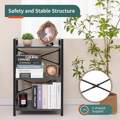 Yoobure Bookshelf Small Book Shelf, Solid Industrial 3 Tier Shelf Bookcase, Short Book Case for Bedroom, Living Room, Office Home, Small Spaces, Charcoal Gray