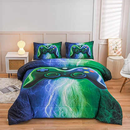 Meeting Story Gamer Gaming Bedding Sets Red Blue Lightnings Gamepad Comforter Set for Boys Games Console Action Buttons Novelty Colorful Modern Room Decor Home Quilt Set (Blue-Green, Queen)