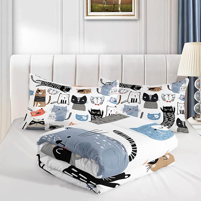 CVHOUSE Cat Bedding,Cartoon Cat Comforter Twin,Animals Print Comforter Set for Kids,Kawaii Quilt Set with 1 Comforter and 2 Pillow Cases