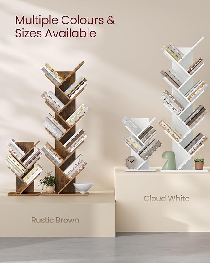 VASAGLE Tree Bookshelf, 5-Tier Bookcase, Small Bookshelf, Space-Saving Corner Shelf, Book Tree, Holds Books, CDs, Games, for Bedroom, Living Room, Home Office, Rustic Brown ULBC183X01