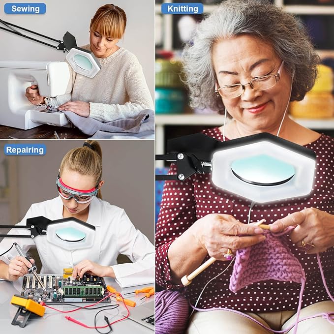 Magnifying Glass with Light and Stand, Dimmable LED Magnifier Desk Lamp with Clamp, 3 Color Modes, Hands Free Magnifying Lights for Close Work, Repair, Swing Arm Magnifying Work Light with Base