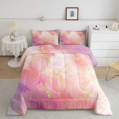 Pink Marble Comforter Set Twin for Girls, Gold Giltter Bronzing Bedding Marble Decor Tie Dye Marbling Bedding Comforter Sets for Kids Teens Women, Tie Dye Fluid Abstract Quilt with 1 Pillowcase