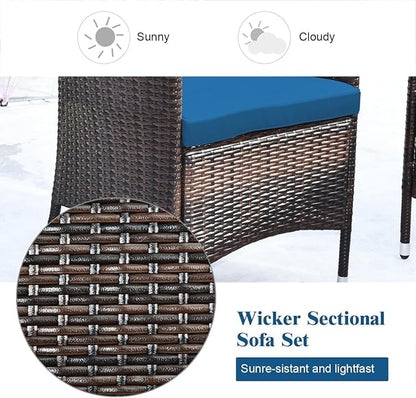 Goplus 4-Piece Rattan Patio Set, Outdoor/Indoor Wicker Conversation Set for Pool, Backyard, Lawn, Wicker Chairs and Sofa with Soft Cushion, Rattan Furniture with Tempered Glass Coffee Table