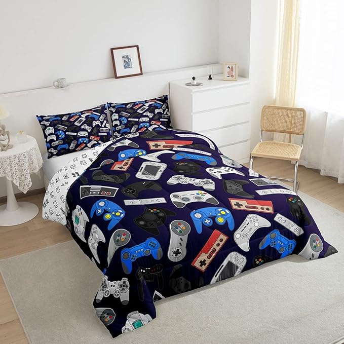 Erosebridal Teens Gamer Comforter Set Twin Size, Modern Game Down Comforter for Kids Boys Children, Video Game Bedding Set,Player Gaming Gamepad Joystick Soft Quilt Set Room Decor