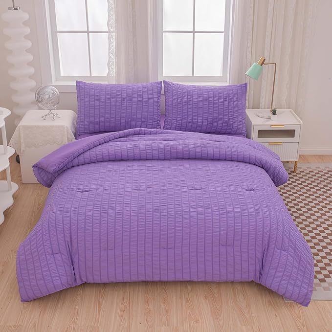 Twin Bed in a Bag Purple Seersucker Comforter Set 5-Pieces Microfiber Lightweight Comforter All Season Bedding Sets with Comforter,Flat Sheet,Fitted Sheet and Pillowcases