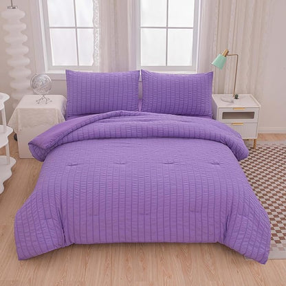 King Bed in a Bag Purple Seersucker Comforter Set 3-Pieces Microfiber Lightweight Comforter All Season Bedding Sets with 2 Pillowcases……
