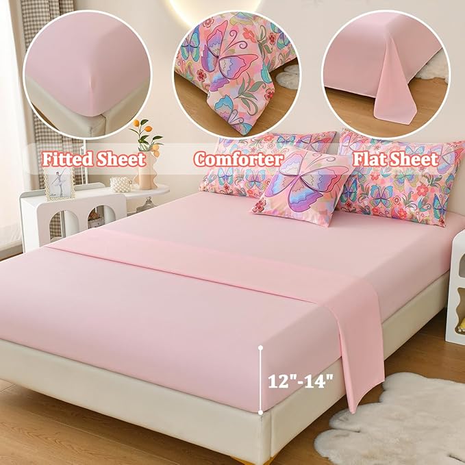 Butterfly Bedding Set Full, Pink Butterfly Comforter Set for Girls Kids Teens 6 pcs Bed in a Bag Full Bedding Sets for Girls