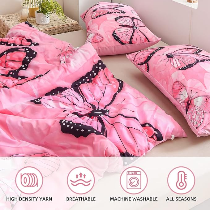 Btargot 3 Piece Pink Butterfly Girls Kids Adults Full Size Comforter Set, Lightweight Soft All Season Bedding Set with 2 Pillowcases