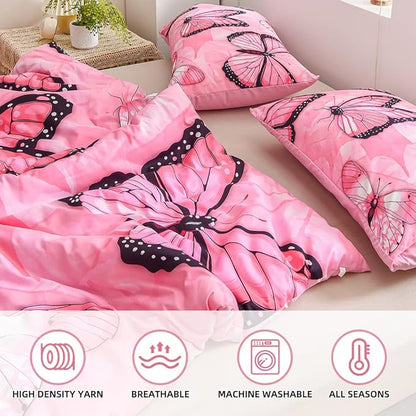 Btargot 3 Piece Pink Butterfly Girls Kids Adults Full Size Comforter Set, Lightweight Soft All Season Bedding Set with 2 Pillowcases