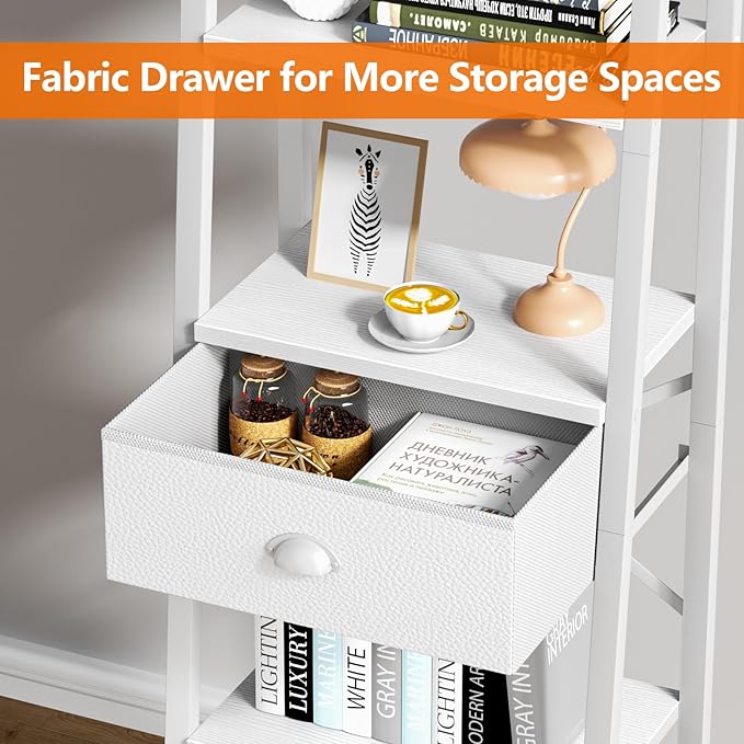 Furologee 5 Tier BookShelf, Ladder Shelf with Drawer, Tall Bookcase Corner Shelf, Narrow Shelf Industrial Display Standing Units for Home Office, Living Room, Bedroom, Kitchen, White