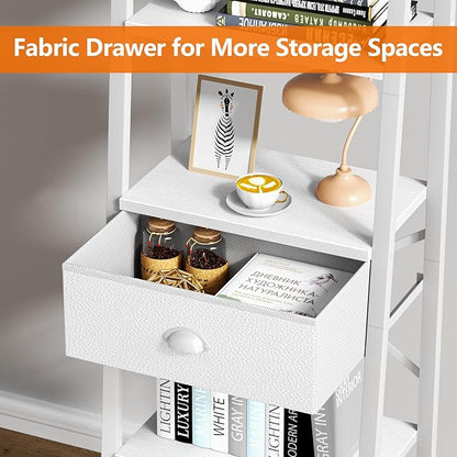 Furologee 5 Tier BookShelf, Ladder Shelf with Drawer, Tall Bookcase Corner Shelf, Narrow Shelf Industrial Display Standing Units for Home Office, Living Room, Bedroom, Kitchen, White