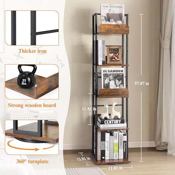 Bikoney Bookshelves 5-Tier, Rotating Bookshelf Tower for Corner, Small Bookcase, Tall Industrial Bookshelf, Narrow Bookshelf, Wood and Metal Black