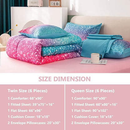 PERFEMET Girls Comforter Set Twin Size 6 Piece Bed in A Bag 3D Colorful Rainbow Bedding Comforter Sheet Set for Kids - (1 Comforter, 1 Flat Sheet, 1 Fitted Sheet, 2 Pillowcases, 1 Cushion Cover)
