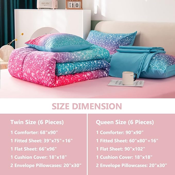 PERFEMET Girls Comforter Set Queen Size, 6 Piece Bed in A Bag, Colorful Rainbow Bedding Set with Comforter and Sheet, Gradient Pink Glitter Galaxy Bed Set for Teen Girls Kids Women, Blue Turquoise