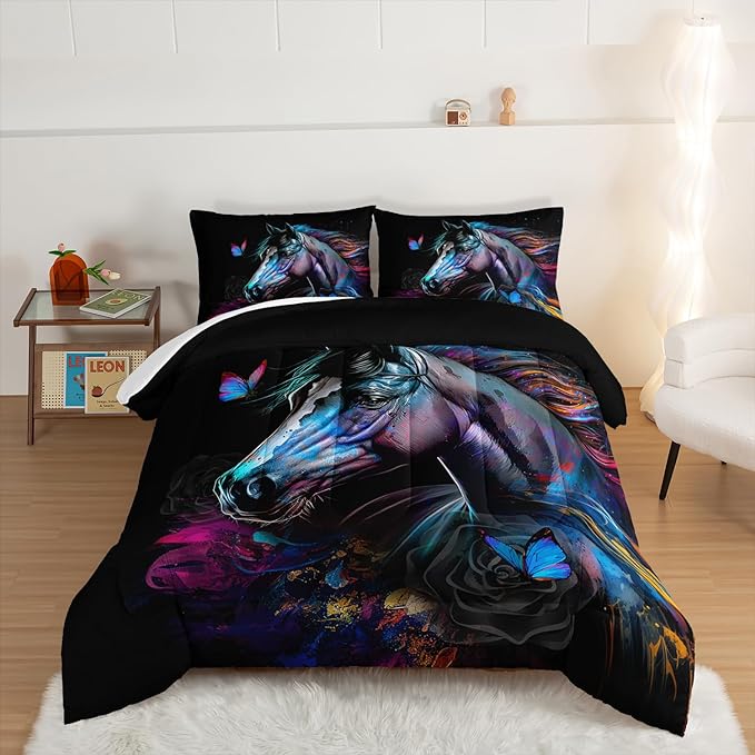 HOSIMA 3 Pieces Art Horse Comforter with 2 Pillowcases,Wildlife Horse Butterfly Black Comforter Set Boys Teens Aesthetic Room Decor,Animal Bedding King Size Comforter Set for adults.
