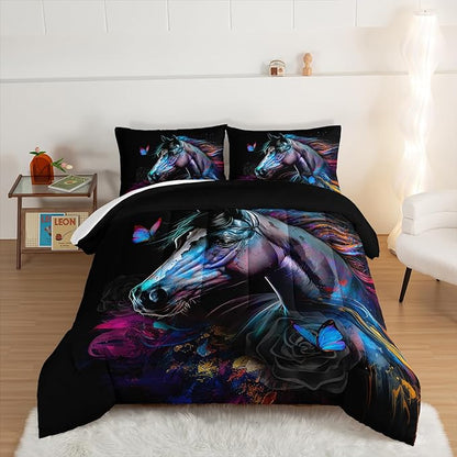 HOSIMA 3 Pieces Art Horse Comforter with 2 Pillowcases,Wildlife Horse Butterfly Black Queen Comforter Set Boys Teens Aesthetic Room Decor,Animal Bedding Queen Size Bed in a Bag Sets for adults.