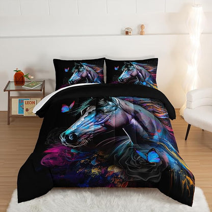 HOSIMA 3 Pieces Art Horse Comforter Set with 2 Pillowcases,Wildlife Horse Butterfly Black Comforter Boys Teens Aesthetic Room Decor,Animal Bedding Full Size Bed in a Bag Sets for adults.